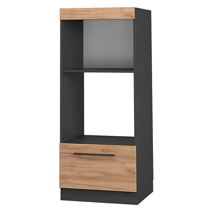 Vicco Schrankküche Fame-Line Goldkraft Eiche offen - Goldkraft Eiche, Mikrowellenumbauschrank 60 cm (offen) - Hoher dunkelgrauer Schrank mit zwei offenen Fächern, einer hellen Holzplatte und einer passenden Schublade mit Griff.