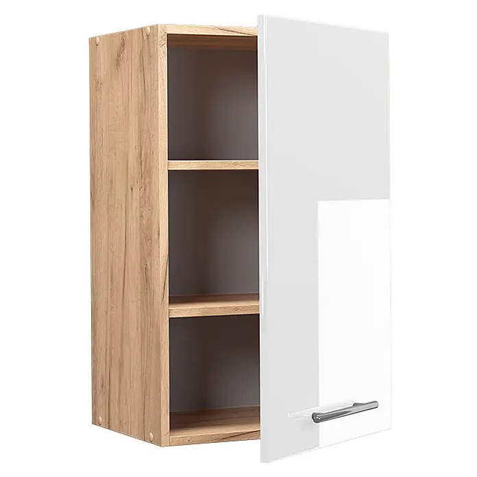 Vicco Schrankküche Fame-Line Weiß Hochglanz - Weiß Hochglanz, Hängeschrank 45 cm - Wandschrank mit Seiten und Regalböden in heller Holzoptik und einer weißen Hochglanztür mit silbernem Griff.