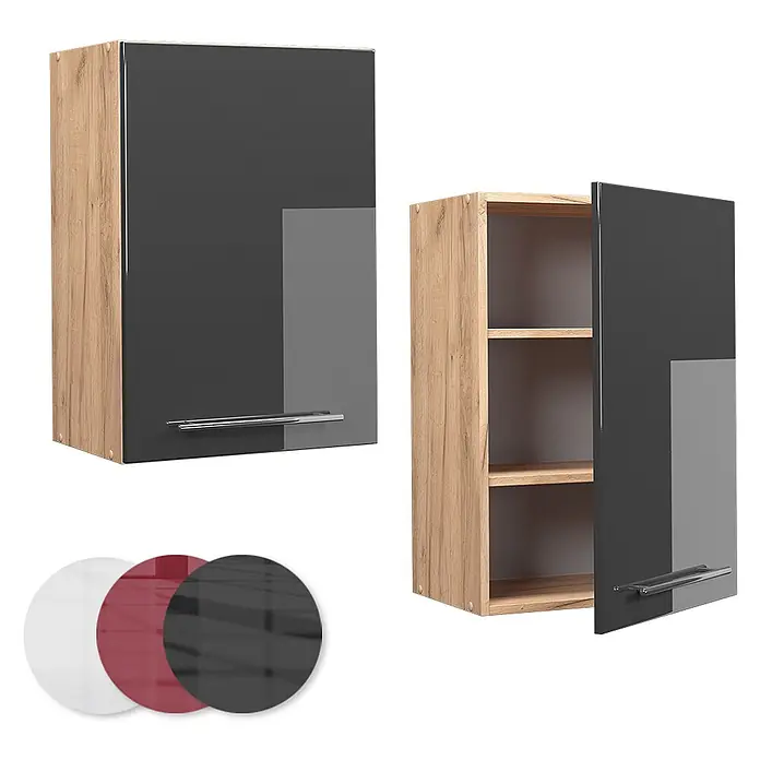 Vicco Schrankküche Fame-Line Anthrazit Hochglanz - Anthrazit Hochglanz, Hängeschrank 50 cm - Wandregal in Holzoptik mit dunkelgrauer Hochglanztür & silbernem Griff, geschlossen & offen mit Einlegeböden gezeigt. Erhältlich mit weißen, roten oder schwarzen Türen.