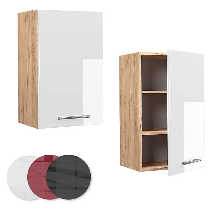 Vicco Schrankküche Fame-Line Weiß Hochglanz - Weiß Hochglanz, Hängeschrank 45 cm - Weißer Hochglanz-Wandschrank mit Holzoptik-Korpus, geschlossen und offen mit Regalen gezeigt. Auch mit roter oder schwarzer Tür erhältlich.