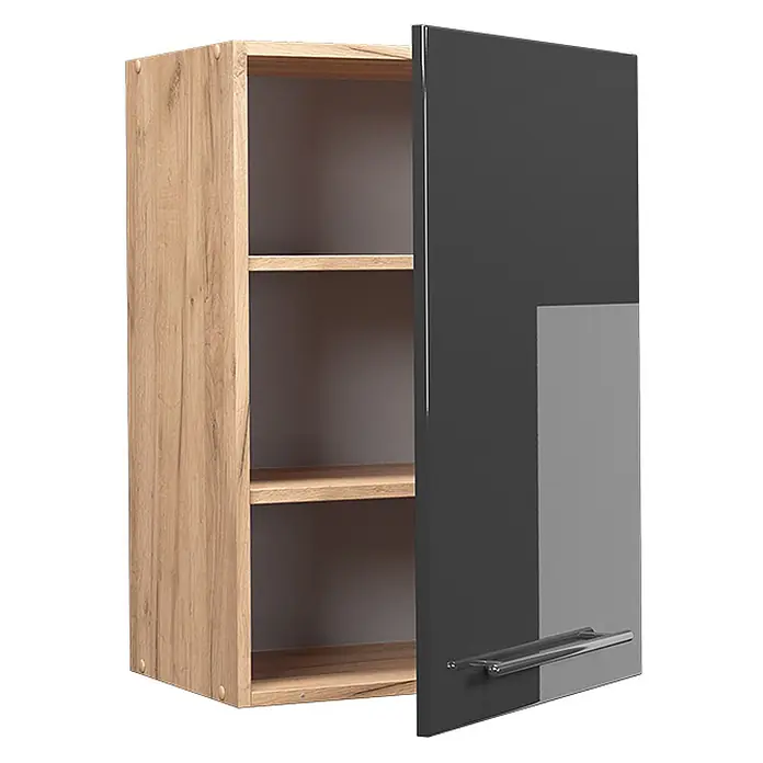 Vicco Schrankküche Fame-Line Anthrazit Hochglanz - Anthrazit Hochglanz, Hängeschrank 50 cm - Wandschrank mit heller Holzoptik und dunkelgrauer Hochglanztür mit Griff und Innenablagen.