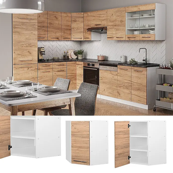 Vicco Schrankküche Fame-Line Goldkraft Eiche - Goldkraft Eiche, Eckhängeschrank 57 cm - Moderne L-förmige Küchenzeile mit Holzdekor- und weißen Schränken, bietet vielfältige Stauraum- und Präsentationsmöglichkeiten.