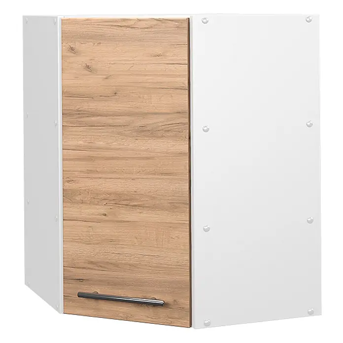 Vicco Schrankküche Fame-Line Goldkraft Eiche - Goldkraft Eiche, Eckhängeschrank 57 cm - Weißer Eckwandschrank mit holzfarbener Tür und silberfarbenem Griff.