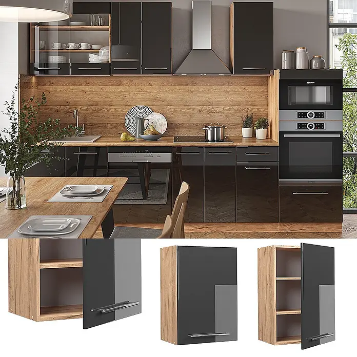 Vicco Schrankküche Fame-Line Anthrazit Hochglanz - Anthrazit Hochglanz, Hängeschrank 50 cm - Küchenzeile mit hochglanzschwarzen Fronten und Holzdetails.