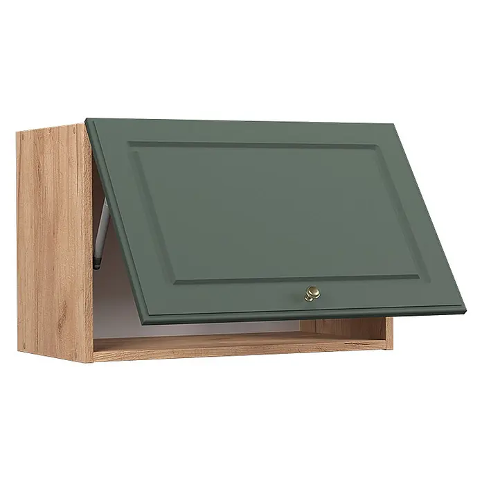Vicco Schrankküche Fame-Line Grün-Gold Landhaus Flach - Grün-Gold Landhaus, Hängeschrank 60 cm (flach) - Wandschrank mit heller Holzoptik und offener dunkelgrüner Kassettentür, mit Messingknauf und Gasdruckfeder.