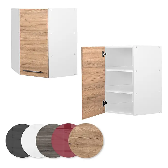 Vicco Schrankküche Fame-Line Goldkraft Eiche - Goldkraft Eiche, Eckhängeschrank 57 cm - Weißer Wandschrank mit heller Holzoptik-Tür, geschlossen und offen mit Regalböden gezeigt. Verschiedene Farbmuster unten.