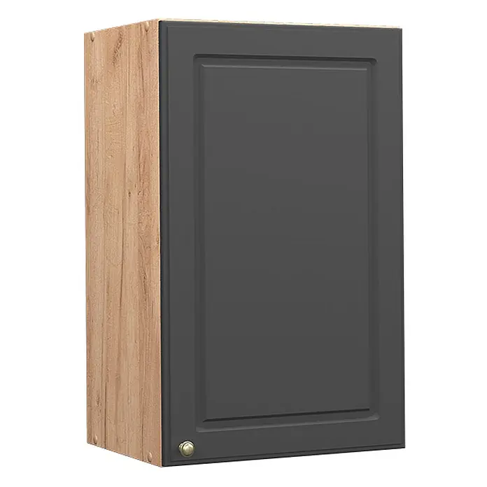 Vicco Schrankküche Fame-Line Anthrazit-Gold - Anthrazit-Gold, Hängeschrank 45 cm - Dunkelgrauer Wandschrank mit Kassettenfront, heller Holzmaserung an der Seite und Messingknopf.