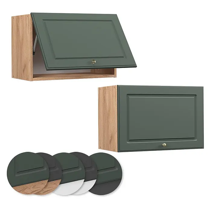 Vicco Schrankküche Fame-Line Grün-Gold Landhaus Flach - Grün-Gold Landhaus, Hängeschrank 60 cm (flach) - Dunkelgrüner Küchenoberschrank mit Holzoptik-Seiten, eine Tür mit Klappmechanismus.