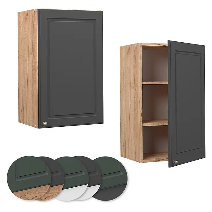 Vicco Schrankküche Fame-Line Anthrazit-Gold - Anthrazit-Gold, Hängeschrank 45 cm - Zwei Küchenwandschränke mit dunkelgrauen Türen und Holzoptik-Rahmen, einer geschlossen, einer offen mit Regalböden.