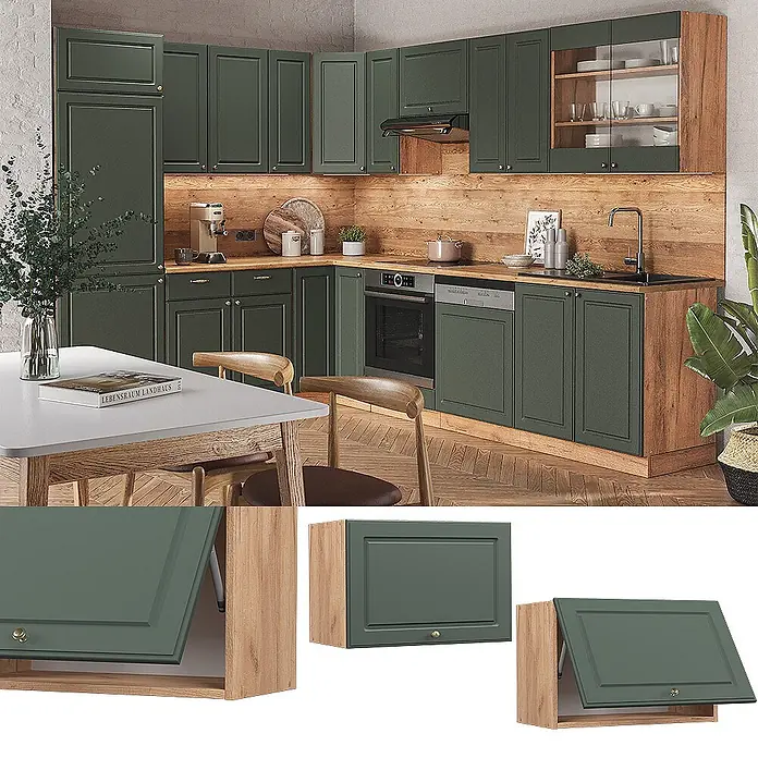Vicco Schrankküche Fame-Line Grün-Gold Landhaus Flach - Grün-Gold Landhaus, Hängeschrank 60 cm (flach) - Moderne Küche mit dunkelgrünen Schränken und Holzakzenten, integrierten Geräten und Essbereich. Nahaufnahmen zeigen einen nach oben öffnenden Wandschrank.
