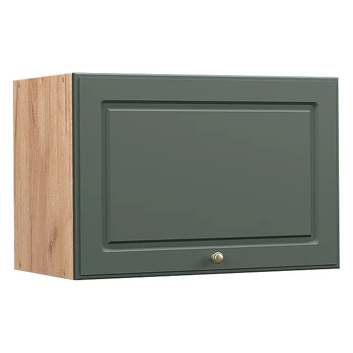 Vicco Schrankküche Fame-Line Grün-Gold Landhaus Flach - Grün-Gold Landhaus, Hängeschrank 60 cm (flach) - Dunkelgrüner Küchenoberschrank mit Kassettenfront, hellen Holzseiten und goldenem Knopf.