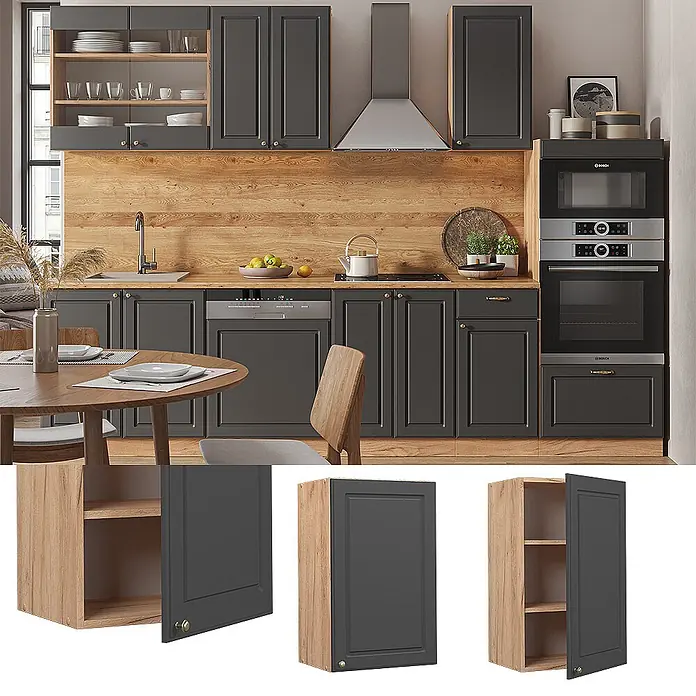 Vicco Schrankküche Fame-Line Anthrazit-Gold - Anthrazit-Gold, Hängeschrank 45 cm - Moderne Küche mit dunkelgrauen Schränken, Holz-Arbeitsplatte und Rückwand, inklusive integrierter Geräte und offener Regale.
