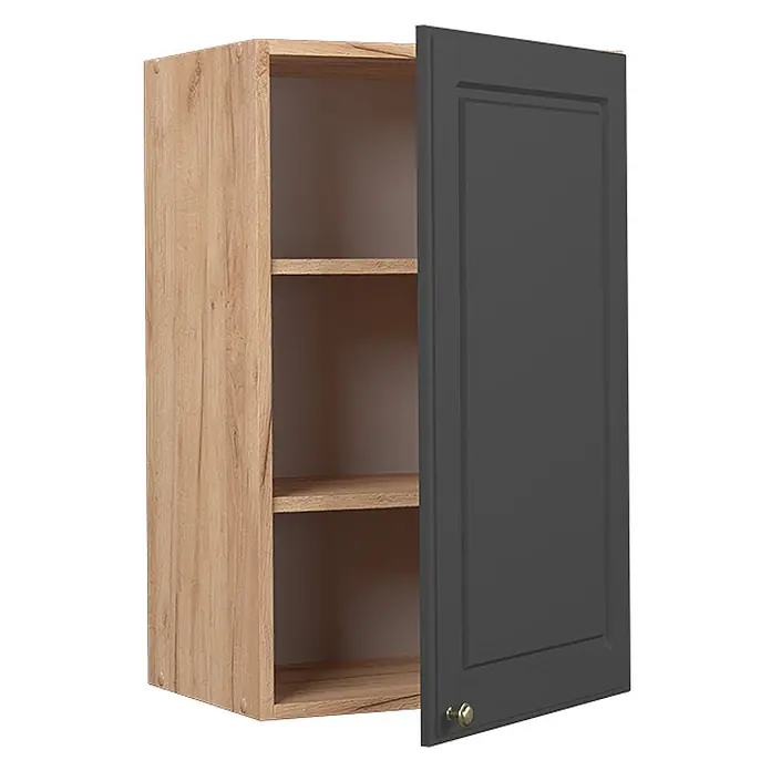 Vicco Schrankküche Fame-Line Anthrazit-Gold - Anthrazit-Gold, Hängeschrank 45 cm - Zweifarbiger Hängeschrank: Korpus in heller Holzoptik mit dunkelgrauer Tür und Goldknopf, teilweise geöffnet, Regale sichtbar.