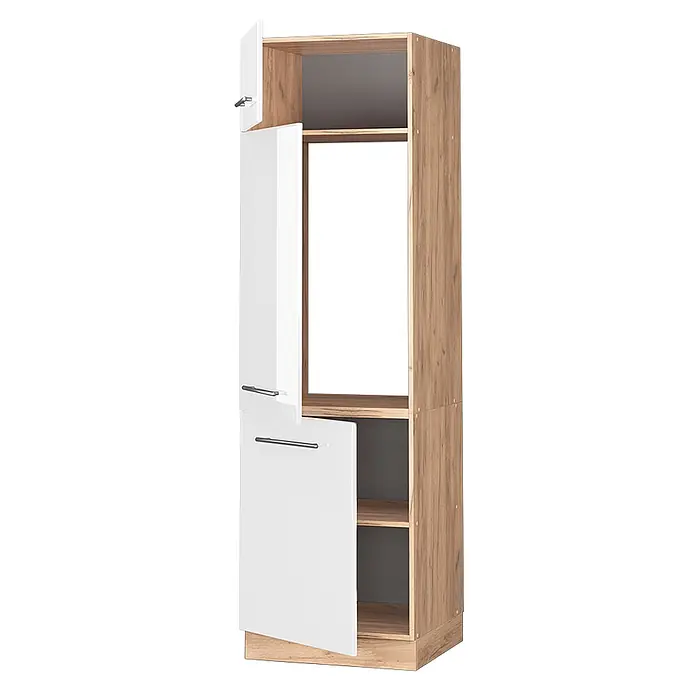 Vicco Schrankküche Fame-Line Weiß Hochglanz - Weiß Hochglanz, Kühlumbauschrank 60 cm - Hoher, schmaler Schrank mit heller Holzoptik und weißen Türen. Offene und geschlossene Fächer, Türen leicht geöffnet.