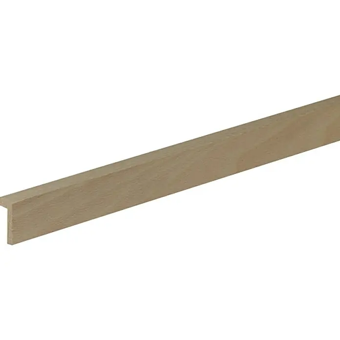 Profiles and more Falzleiste - 95 cm x 29 mm x 13 mm, Buche - Detailaufnahme einer hellen, unbehandelten Eckleiste aus Holz, ideal für Heimwerkerprojekte und zum Schutz von Kanten.