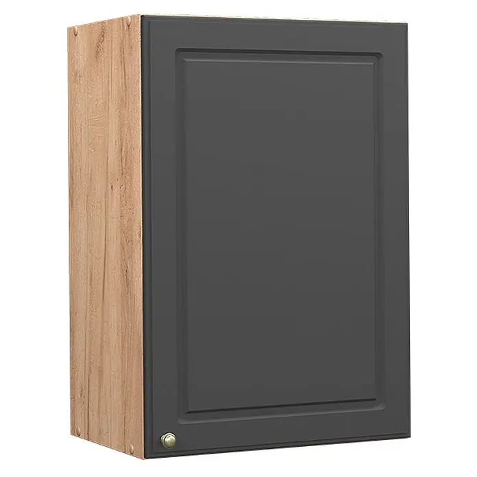 Vicco Schrankküche Fame-Line Anthrazit-Gold - Anthrazit-Gold Landhaus, Hängeschrank 50 cm - Küchenschrank mit dunkelgrauer Tür und vertiefter Füllung, heller Holzmaserung an der Seite und Messingknauf.