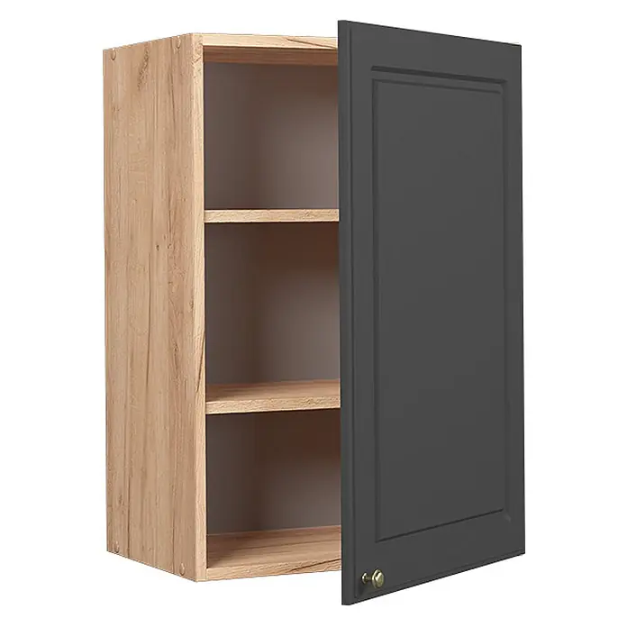 Vicco Schrankküche Fame-Line Anthrazit-Gold - Anthrazit-Gold Landhaus, Hängeschrank 50 cm - Wandregal in heller Holzoptik mit leicht geöffneter dunkelgrauer Tür und goldenem Knauf, zeigt Innenregale.