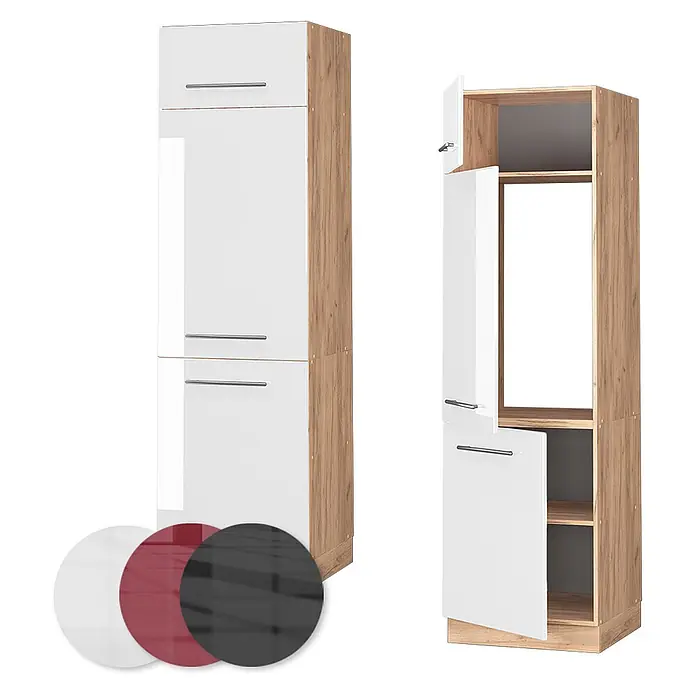 Vicco Schrankküche Fame-Line Weiß Hochglanz - Weiß Hochglanz, Kühlumbauschrank 60 cm - Hoher Stauraumschrank mit weißen Türen und Holzoptikrahmen, geschlossen und offen gezeigt. Inklusive Farboptionen.