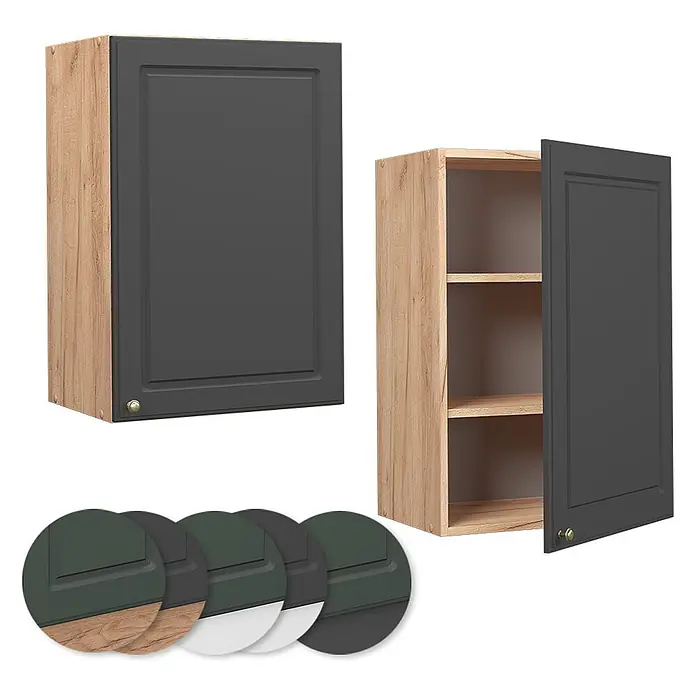 Vicco Schrankküche Fame-Line Anthrazit-Gold - Anthrazit-Gold Landhaus, Hängeschrank 50 cm - Hängeschrank in Holzoptik mit dunkelgrauer Tür, geschlossen und geöffnet mit Regalen. Enthält Muster der verfügbaren Farboptionen.