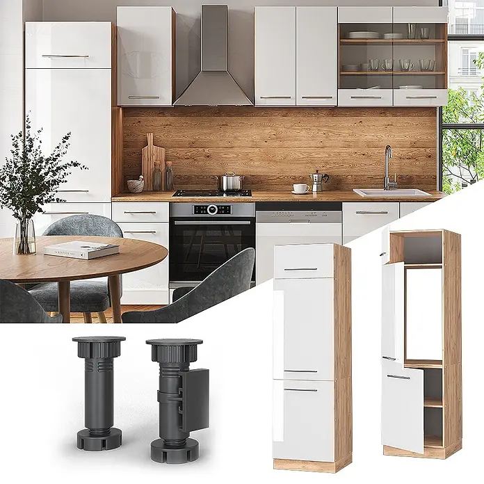 Vicco Schrankküche Fame-Line Weiß Hochglanz - Weiß Hochglanz, Kühlumbauschrank 60 cm - Moderne Kücheneinrichtung: weiße Hochglanzschränke, Holzarbeitsplatte, integrierte Geräte. Auch: verstellbare Beine und hoher weiß/Holzschrank.