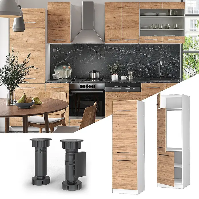 Vicco Schrankküche Fame-Line Goldkraft Eiche - Goldkraft Eiche, Kühlumbauschrank 60 cm - Helle Küchenschränke Holzoptik, schwarze Arbeitsplatte. Mit verstellbaren dunklen Sockelfüßen und einem Hochschrank.