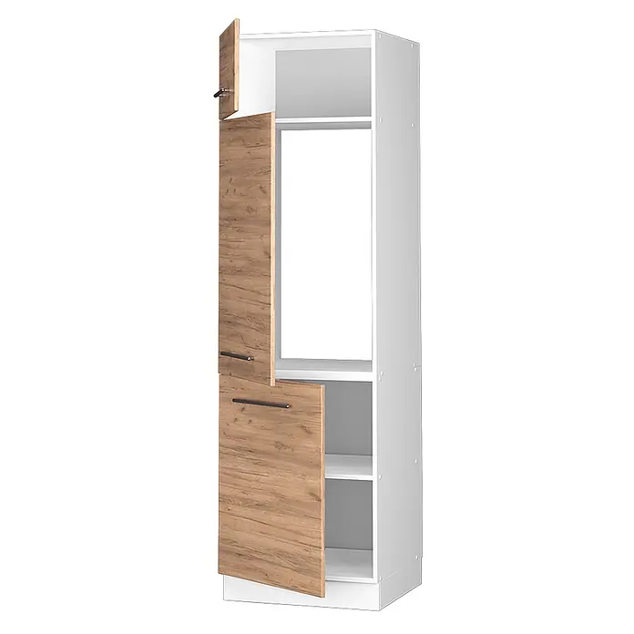 Vicco Schrankküche Fame-Line Goldkraft Eiche - Goldkraft Eiche, Kühlumbauschrank 60 cm - Hoher weißer Stauraumschrank mit hellen Holzmaserungstüren, oben und unten leicht geöffnet, zeigt weiße Regale und Innenraum.
