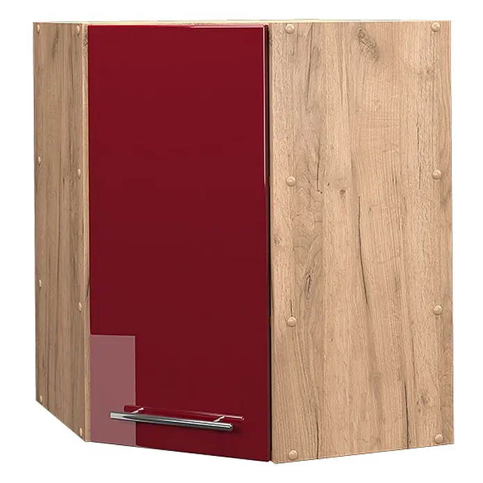Vicco Schrankküche Fame-Line Bordeaux Hochglanz - Bordeaux Hochglanz, Eckhängeschrank 57 cm - Eckhängeschrank mit Seiten in heller Holzoptik und einer hochglänzenden dunkelroten Tür mit silbernem Griff.