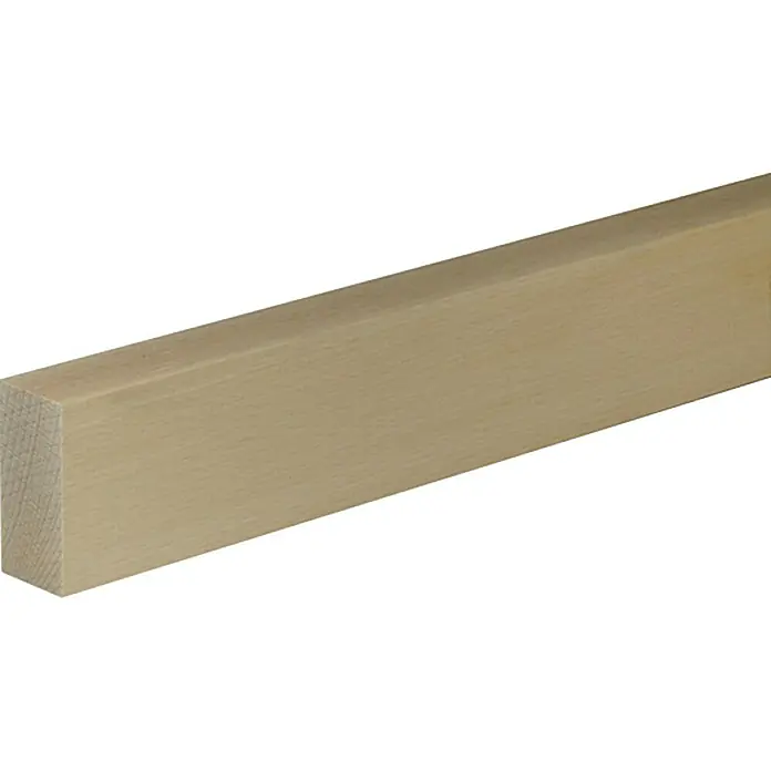Profiles and more Rechteckleiste - 95 cm x 60 mm x 29 mm, Buche - Detailaufnahme eines hellen, quadratischen Holzstabes, der seine natürliche Holzmaserung zeigt und für Bau- oder Bastelprojekte geeignet ist.