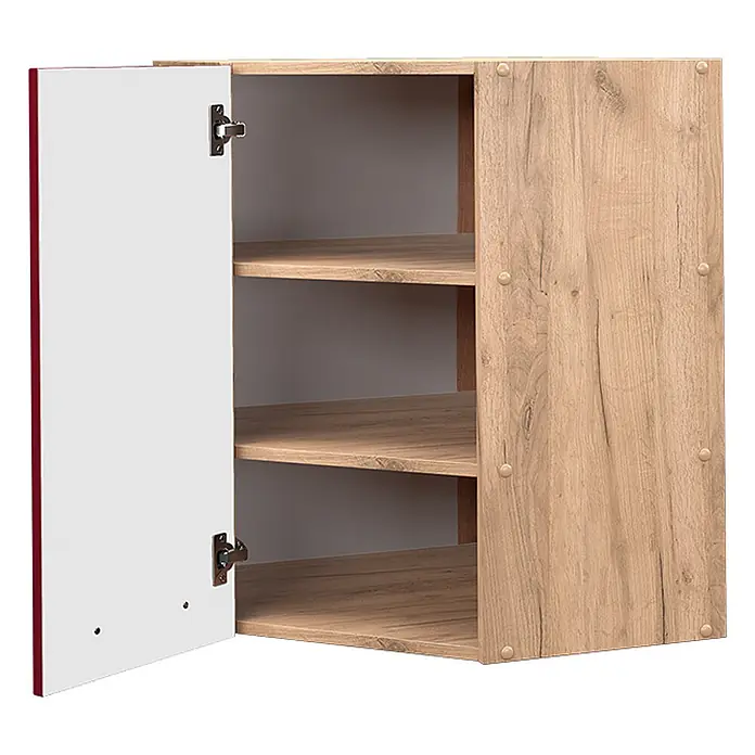 Vicco Schrankküche Fame-Line Bordeaux Hochglanz - Bordeaux Hochglanz, Eckhängeschrank 57 cm - Wandschrank in heller Holzoptik, weiße Tür mit rotem Rand offenbart Regalböden.