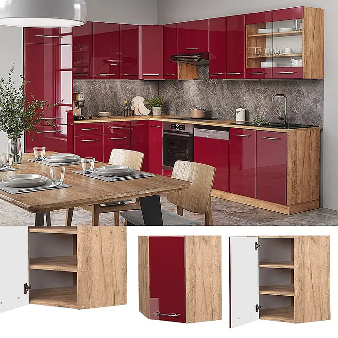 Vicco Schrankküche Fame-Line Bordeaux Hochglanz - Bordeaux Hochglanz, Eckhängeschrank 57 cm - Moderne L-förmige Küche mit glänzenden roten Fronten und hellen Holzdetails, integrierten Geräten und Essbereich.