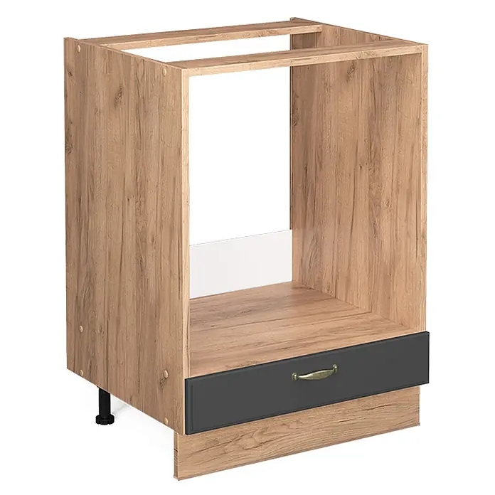 Vicco Schrankküche Fame-Line Anthrazit-Gold ohne Arbeitsplatte - Anthrazit-Gold, Herdumbauschrank 60 cm - Helle Holzoptik-Küchenunterschrank für Einbauofen/Mikrowelle, mit dunkelgrauer Schublade und Messinggriff.