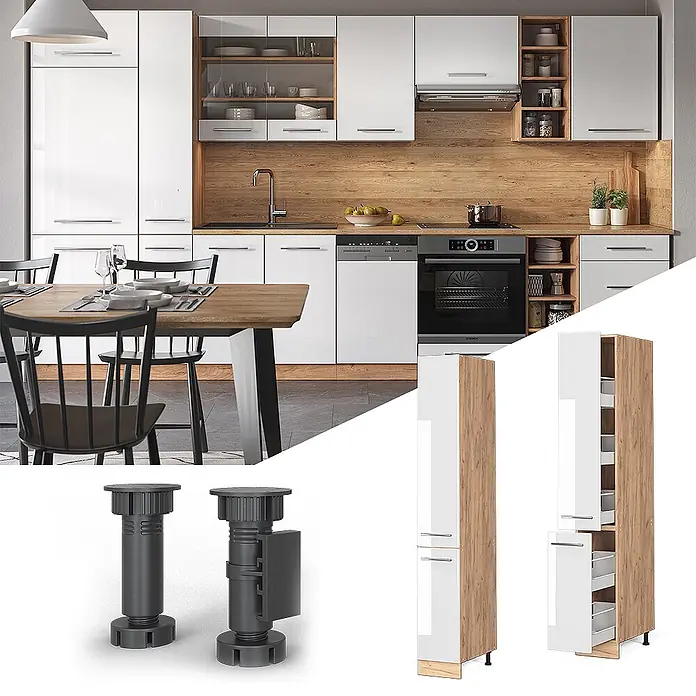 Vicco Schrankküche Fame-Line Weiß Hochglanz - Weiß Hochglanz, Apothekerhochschrank 30 cm - Moderne Küche mit hochglänzenden weißen Schränken und Holzoptik-Paneelen, Einbaugeräten, Essbereich, Vorratsschränken und verstellbaren Füßen.