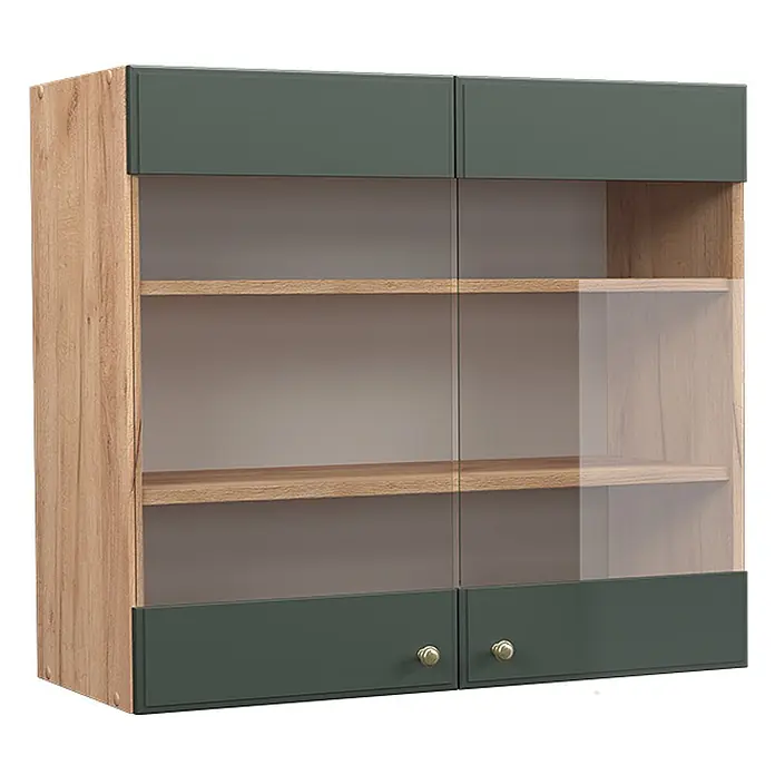 Vicco Schrankküche Fame-Line Grün-Gold Landhaus - Grün-Gold Landhaus, Hängeglasschrank 80 cm - Wandhängeschrank in Holz- und Dunkelgrün mit Glastüren, Regalböden und Messingknöpfen.