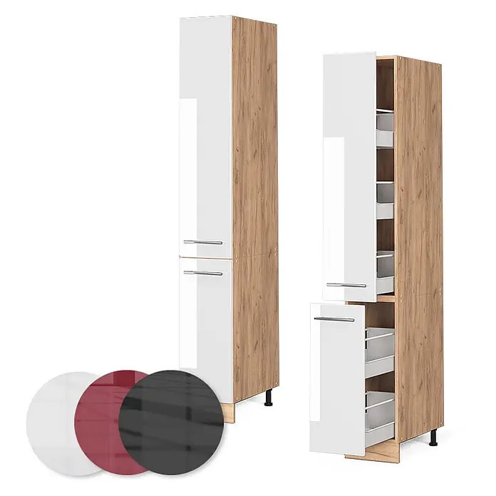 Vicco Schrankküche Fame-Line Weiß Hochglanz - Weiß Hochglanz, Apothekerhochschrank 30 cm - Hoher Hochschrank in Weiß Hochglanz und Holzoptik, geschlossen und offen mit Auszugskörben gezeigt. Farbmuster (weiß, rot, schwarz) enthalten.