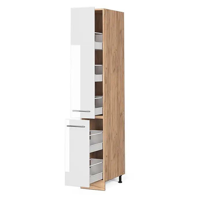 Vicco Schrankküche Fame-Line Weiß Hochglanz - Weiß Hochglanz, Apothekerhochschrank 30 cm - Hoher Küchenschrank mit Holzmaserung, glänzend weißen Türen und ausziehbaren Aufbewahrungskörben.