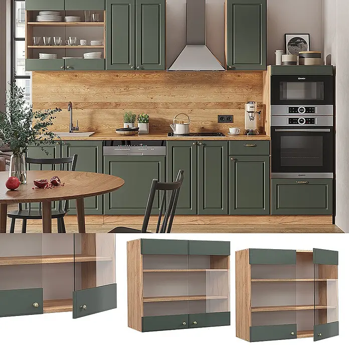 Vicco Schrankküche Fame-Line Grün-Gold Landhaus - Grün-Gold Landhaus, Hängeglasschrank 80 cm - Moderne dunkelgrüne Küchenschränke mit hellen Holzdetails, integrierten Geräten und vielfältigen Stauraumlösungen.