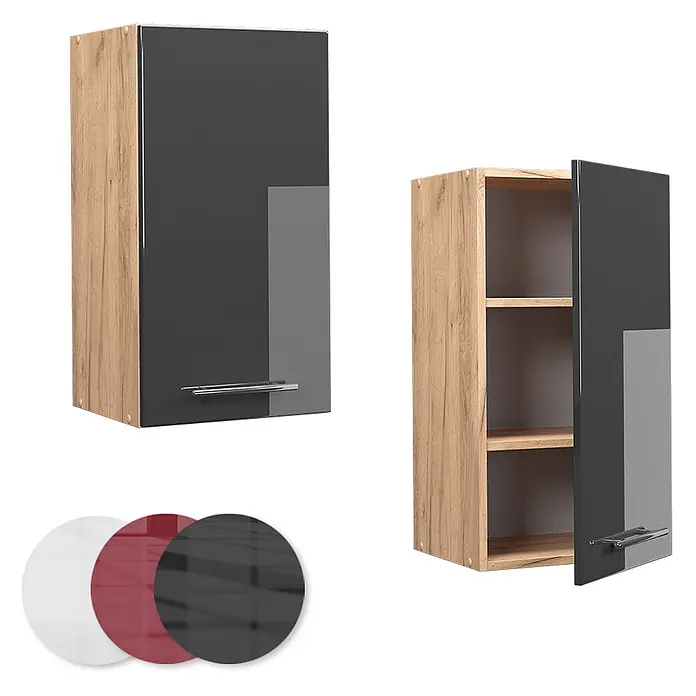 Vicco Schrankküche Fame-Line Anthrazit Hochglanz - Anthrazit Hochglanz, Hängeschrank 40 cm - Hängeschrank aus Holzoptik mit hochglänzender, dunkelgrauer Tür, offen und geschlossen gezeigt, mit Regalböden. Farboptionen: weiß, rot, schwarz.