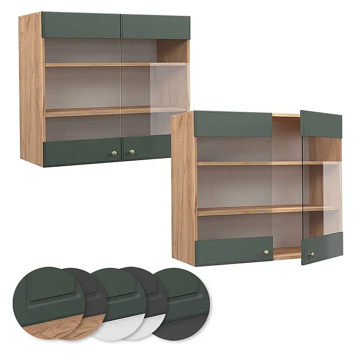 Vicco Schrankküche Fame-Line Grün-Gold Landhaus - Grün-Gold Landhaus, Hängeglasschrank 80 cm - Zwei Hängeschränke in Holzoptik mit dunkelgrünen Akzenten und Glastüren, einer davon mit offener Tür.