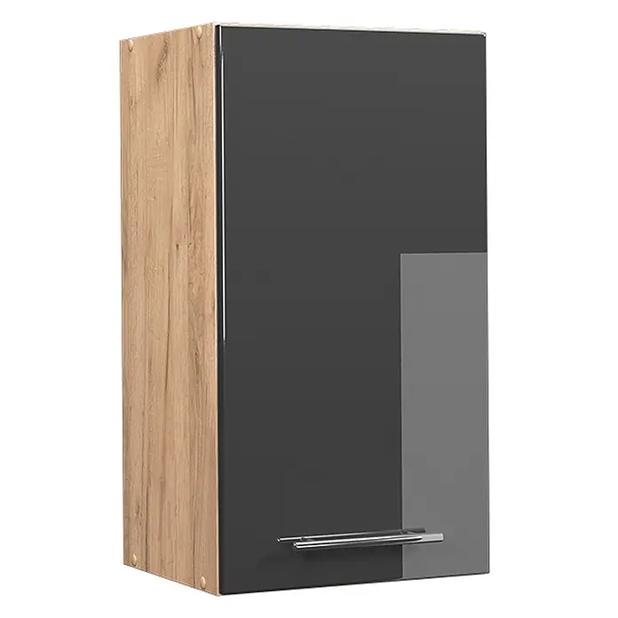 Vicco Schrankküche Fame-Line Anthrazit Hochglanz - Anthrazit Hochglanz, Hängeschrank 40 cm - Wandschrank mit heller Holzoptik-Seite und dunkelgrauer Hochglanzfront mit hellem Akzent und silbernem Griff.
