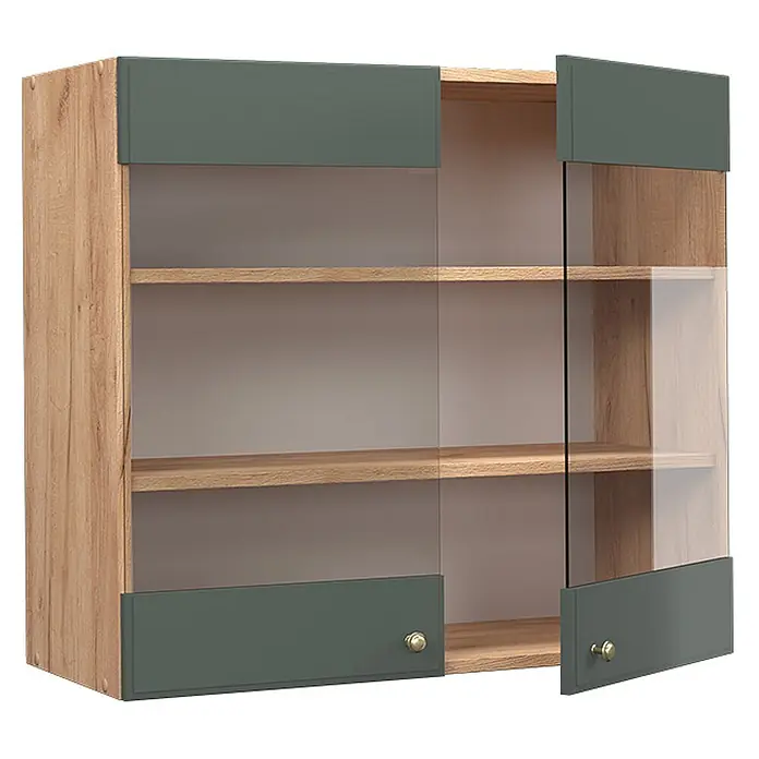 Vicco Schrankküche Fame-Line Grün-Gold Landhaus - Grün-Gold Landhaus, Hängeglasschrank 80 cm - Wandhängeschrank aus Holz mit dunkelgrünen Paneelen, Glastüren und Messingknöpfen.