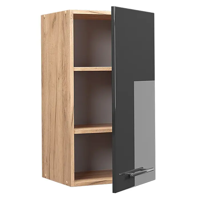 Vicco Schrankküche Fame-Line Anthrazit Hochglanz - Anthrazit Hochglanz, Hängeschrank 40 cm - Hängeschrank mit Holzoptik-Korpus und Einlegeböden, und einer dunkelgrauen Hochglanztür mit Griff.