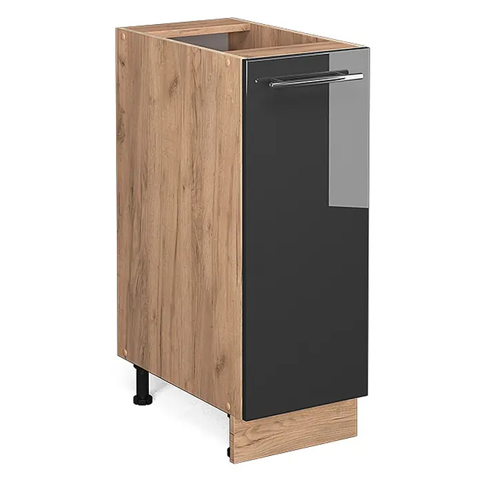 Vicco Schrankküche Fame-Line Anthrazit Hochglanz ohne Arbeitsplatte - Anthrazit Hochglanz, Apothekerunterschrank 30 cm - Unterschrank in Holzoptik mit schwarzer Hochglanztür, Metallgriff und passender Sockelblende.