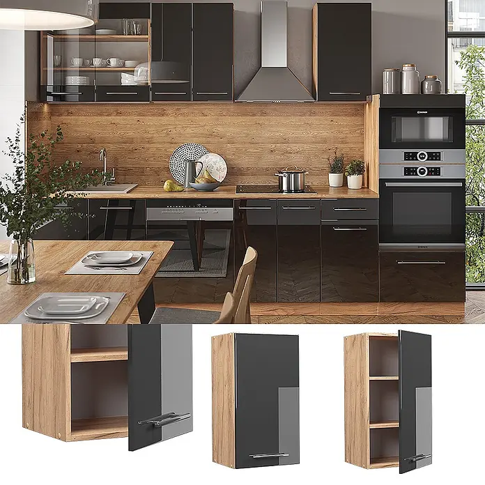 Vicco Schrankküche Fame-Line Anthrazit Hochglanz - Anthrazit Hochglanz, Hängeschrank 40 cm - Moderne Küche mit hochglänzenden dunklen Schränken und Holzelementen. Inkl. Wandschrank mit Holzkorpus und dunkler Hochglanztür.