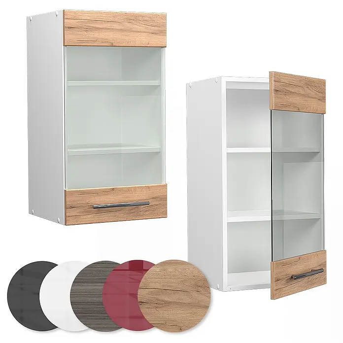 Vicco Schrankküche Fame-Line Goldkraft Eiche - Goldkraft Eiche, Hängeglasschrank 40 cm - Weißer Hängeschrank mit Holz-Akzenten, Glastür, silbernem Griff und Farboptionen.