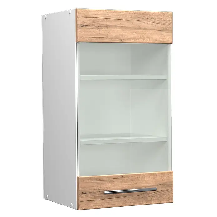 Vicco Schrankküche Fame-Line Goldkraft Eiche - Goldkraft Eiche, Hängeglasschrank 40 cm - Weißer Hängeschrank mit heller Holzmaserung, Glastür, zwei Einlegeböden und Chromgriff.