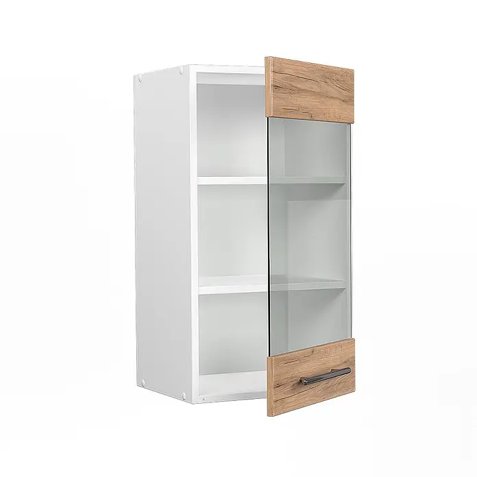 Vicco Schrankküche Fame-Line Goldkraft Eiche - Goldkraft Eiche, Hängeglasschrank 40 cm - Weißer Wandschrank mit Glastür, hellem Holzdekor und Metallgriff, mit zwei Einlegeböden.