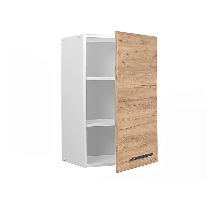 Vicco Schrankküche Fame-Line Goldkraft Eiche - Goldkraft Eiche, Hängeschrank 45 cm - Weißer Wandschrank mit leicht geöffneter Tür in heller Holzoptik, zwei Einlegeböden sichtbar. Mit dunklem Griff.