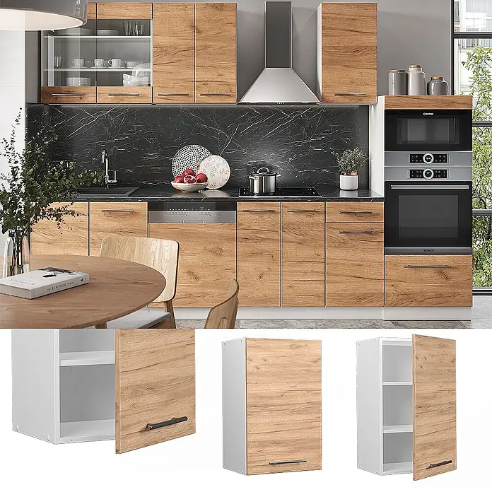 Vicco Schrankküche Fame-Line Goldkraft Eiche - Goldkraft Eiche, Hängeschrank 45 cm - Moderne Küche mit hellen Holzoptik-Schränken, dunkler Marmor-Rückwand und Einbaugeräten. Mit Ober- und Unterschränken.