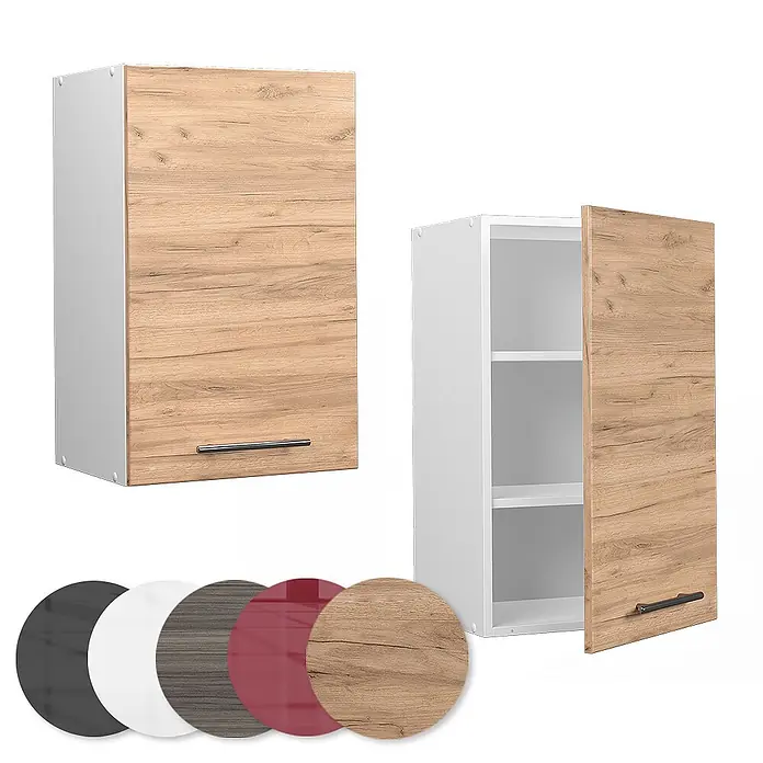 Vicco Schrankküche Fame-Line Goldkraft Eiche - Goldkraft Eiche, Hängeschrank 45 cm - Wandschrank mit heller Holzmaserungstür und weißem Korpus, geschlossen und geöffnet mit Einlegeböden gezeigt. Farbmuster unten.