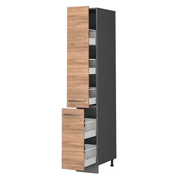 Vicco Schrankküche Fame-Line Goldkraft Eiche - Goldkraft Eiche, Apothekerhochschrank 30 cm - Hoher Vorratsschrank mit hellen Holzoptik-Fronten und dunkelgrauem Korpus, ausgestattet mit mehreren Auszügen.